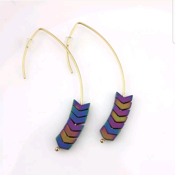 Women Chevron Drop Earrings Natural Hematite Stone - Picture 4 of 8